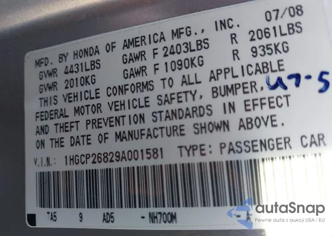 2009 Honda Accord 2.4 Ex-L z USA, uszkodzony, nr VIN 1HGCP26829A001581